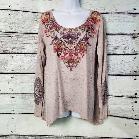 Live and Let Live Women’s XL Beige Boho Embroidered Long Sleeve Top Lace Patch E - Picture 1 of 8